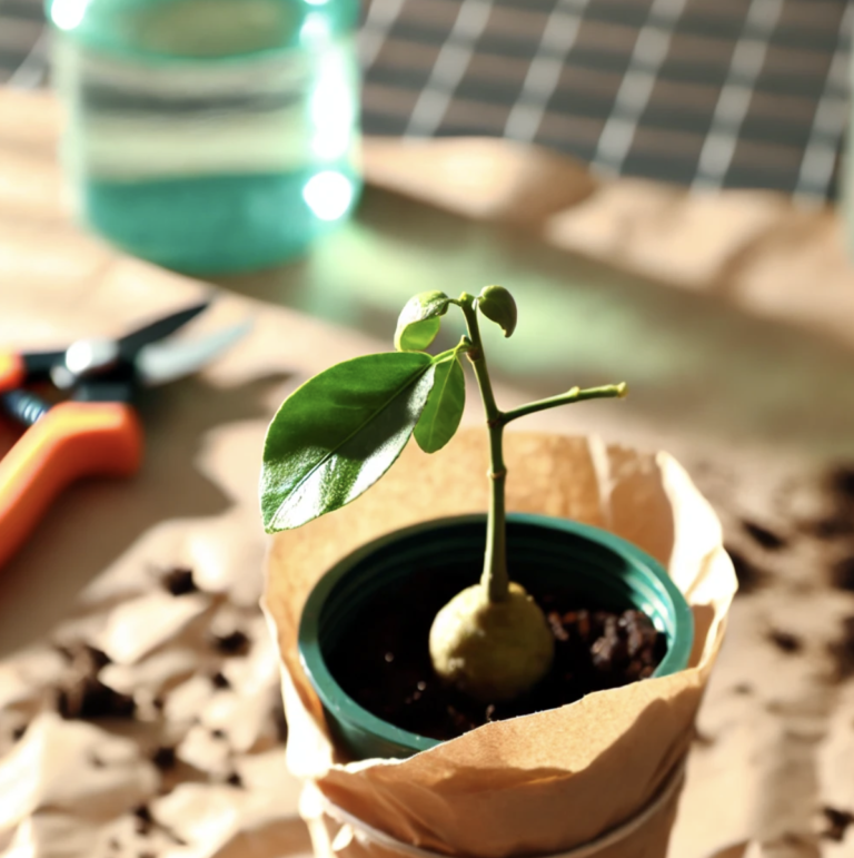 A lemon tree cutting wrapped in damp tissue paper with rooting hormone, placed in a small pot filled with soil in a well-lit indoor setting